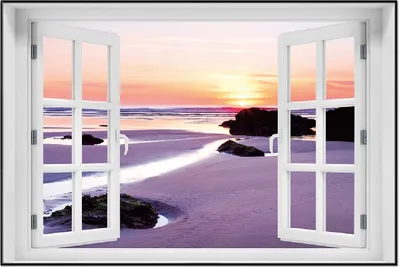 Produktbild von Wallario Wandbild mit Fenster-Illusion: Sonnenuntergang am einsamen Strand, Größe: 61 x 91,5 cm, Poster mit schwarzem Aluminiumrahmen