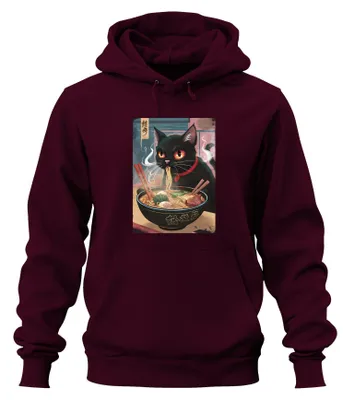 Productafbeelding van Zwarte kat ramen noedelsoep, Japanse kawaii anime kat, uni hoodie, capuchontrui, bordeauxrood, maat M