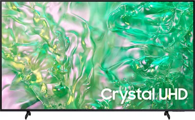 A Samsung Crystal UHD TV displayed on a stand against a green and white abstract background.