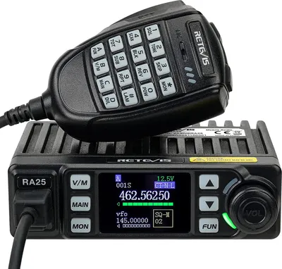 A Retevis RA25 mobile transceiver with its microphone resting on top.