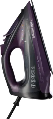 A studio shot of a purple and black Russell Hobbs steam iron against a white background.