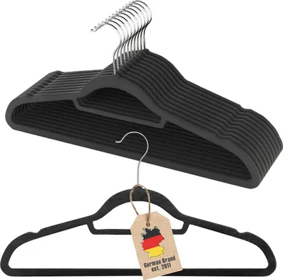 Produktbild von Intirilife Kleiderbügel in SAMT SCHWARZ - 10 Stück platzsparende Kleiderbügel aus Kunststoff und Metall mit rutschfestem Samtüberzug und Hosenstange - Garderobenbügel Wäschebügel Anzugbügel