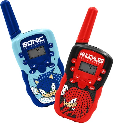 Two Sonic the Hedgehog themed walkie-talkies, one blue and one red, are shown against a white background.