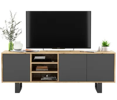 Obrázok produktu pre Skriňa RTV TV stolik Nízka TV skrinka, 150cm x 53cm x 35cm, Nábytok Lindner - trojdverový - moderné, Dva kovové rámy, Farba: dub wotan grafitový matný