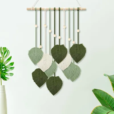 Produktbild von Boho Dekoration Wandteppich - gewebter Wandteppich mit Blatt und Feder - Wanddekoration