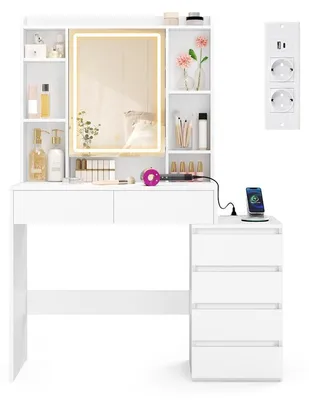 Obrázek produktu pro Kosmetický stolek s LED zrcadlem a zásuvkovou lištou | Barva: bílá | Rozměry: 105 x 40 x 145 cm