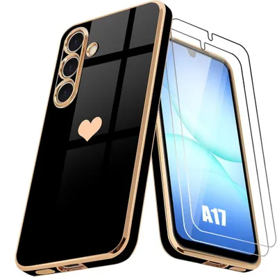 Image de Coque + 2 Verres Trempés pour Samsung Galaxy A17 4G/5G, Motif Cœur Souple Anti-Rayure Ultra Slim - Noir