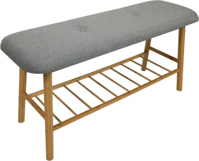 Zdjęcie produktu dla Stylowa ławka z półką na buty, tapicerowane siedzisko, bambus BEGRYF 90x30x43