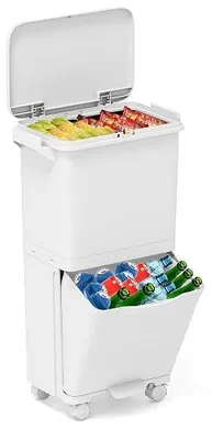 Imagen del producto de Cubo de basura para cocina, con 3 compartimentos, 36 litros. Cubo de basura con tapa, cubo de basura con pedal y ruedas, contenedor de residuos con 2 cubetas extraíbles y pedal. Cubo de basura con sistema de separación de residuos, para comedor o cocina, color blanco