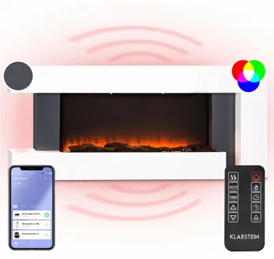 Obrázek produktu pro Klarstein Smart Dekorativní krb s LED plameny, elektrický krb s ohřívačem, 2000W elektrický krb, energeticky úsporný elektrický krb, nástěnný krb s dálkovým ovládáním a časovačem, elektrické krby s MDF krytem, Obrázek vytvořený pomocí AI