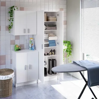 Productafbeelding van Schoenenkast, multifunctionele kast voor de entree, met 2 deuren en planken, 59 x 37 x 180 cm, verstelbare planken, metalen scharnieren