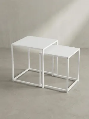 Produktbild von Wohnzimmertisch 2er Set Metall Beistelltisch Eckig Weiß, Design Beistelltisch Industrial, Sofatisch Couchtisch Quadratisch, Tischset 2-teilig Satztisch Stahl