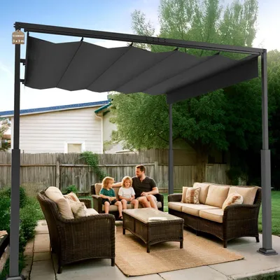 Image de Pergola avec toit coulissant, dimensions 3 x 3 mètres, en acier et polyester, de couleur noire