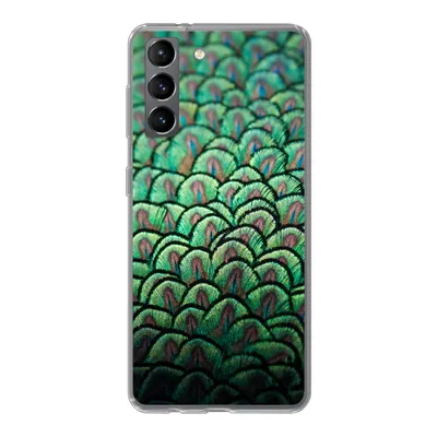 Produktbild von MuchoWow® Handyhülle Schutzhülle Hülle für Samsung Galaxy S21 Nahaufnahme des Gefieders eines Pfaus Silikon Softcase Handy Hülle - Softcase