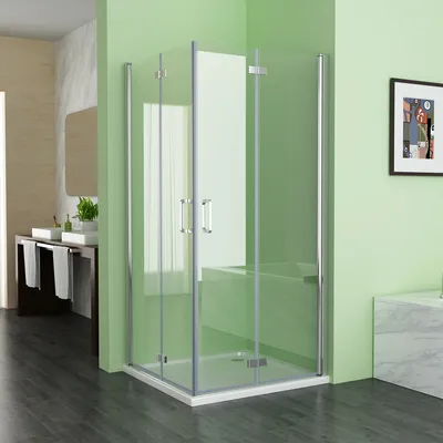 A modern bathroom with a glass shower enclosure.