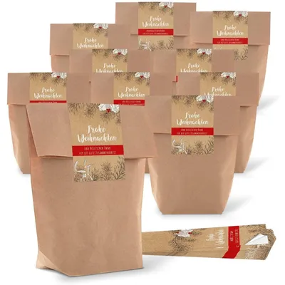 Produktbild von Logbuch-Verlag 25 kleine Geschenkbeutel FROHES FEST Weihnachten braun 16,5 x 26 x 6,5 cm mit Aufkleber rot grün Verpackung Papiertüte Geschenktüte"Frohe Weihnachten" Mistelzweige braun, rot / 10 Stück