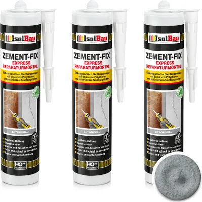 Produktbild von Isolbau Zement-Fix 3 x 300 ml Betongrau Express Reperaturmörtel - Dichtungsmasse für Fugen & Risse im Innen- & Außenbereich, Kartusche