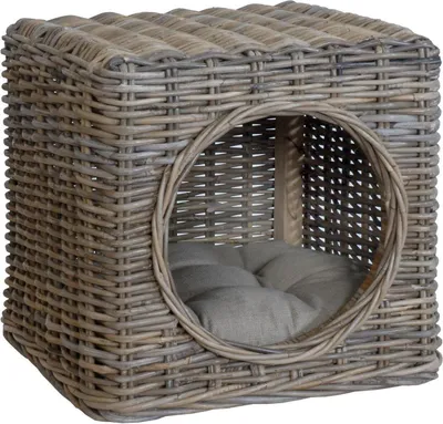 Produktbild von KRINES HOME Katzenhöhle aus unbehandeltem Rattan inklusive Polster / Tierkorb auch als Sitzhocker nutzbar (Grau)