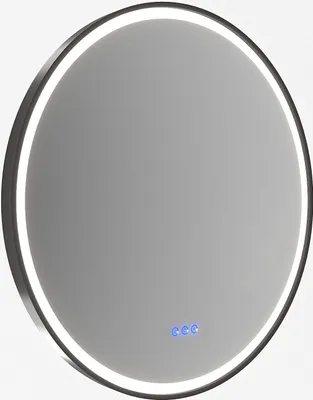 A round illuminated mirror with a black frame and blue touch controls.