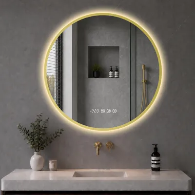 Produktbild von S'AFIELINA LED Badezimmerspiegel Rund Ø70 cm, Goldener Rahmen, 3 Lichtfarben, stufenlos dimmbar, Antibeschlag, Uhr & Temperaturanzeige, Memory
