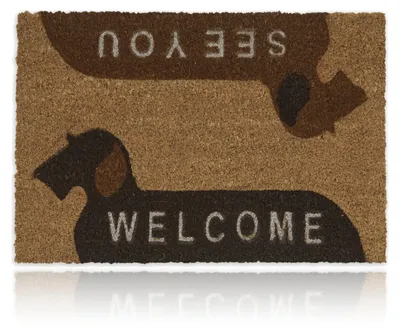 Produktbild von Relaxdays Fußmatte Kokos, Welcome, See You, Hundemotiv, 60x40 cm, Fußabtreter innen & außen, rutschfeste Türmatte, natur, KI-generiertes Bild