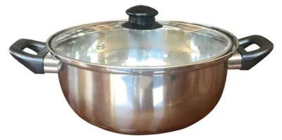A stainless steel pot with a glass lid and black handles, shown from the front.