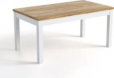 A rectangular dining table with a wooden top and white legs, presented on a white background.
