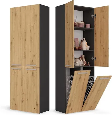 Produktbild von Badezimmerschrank Bad Schrank Mit Wäschekorb Eiche Artisan Anthrazit Badschrank Mehrzweckschrank Badregal Stehend Hochschrank Schublade Tür Bodenschrank Allzweckschrank 2 Wäschekorb 174 x 60 x 30