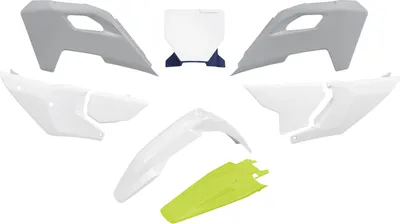 Imagen del producto de Kit de plásticos UFO para Husqvarna TC 125 / 250 (modelos 2023-2024), FC 250 / 350 / 450 (modelos 2023-2024), FX 350 / 450 (modelos 2023-2024), TX 300 (modelo 2024). Color original: blanco y amarillo