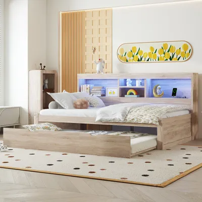 Immagine prodotto di MERAX daybed 90x200cm con letto estraibile 90x190cm e vani portaoggetti Letto per bambini Daybed con LED, USB e presa di corrente