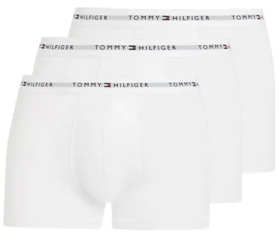 Zdjęcie produktu dla Tommy Hilfiger, męskie opakowanie zawierające 3 bokserki typu "trunks" z gumką w pasie zdobioną logo, kolor biały (biały/biały/biały), rozmiar M