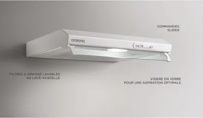 A white range hood mounted on a light gray wall, with text overlays describing its features.