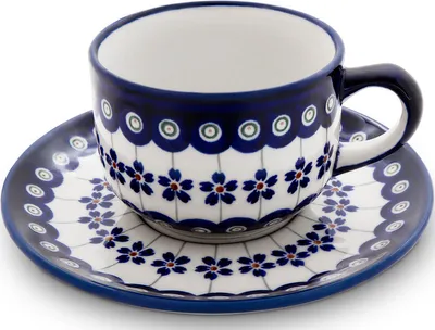 Produktbild von Original Bunzlauer Keramik 210 ml Tasse mit Henkel Kaffeetasse Teetasse Ø9cm klassische mit Unterschale Ø16 cm im Design 166a
