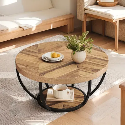 Image de Table ronde – Table basse – Table d'appoint – Table – Table de salon – Finition imitation bois – 2 plateaux de rangement