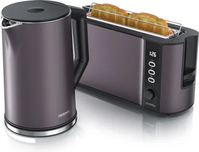 Produktbild von Arendo Frühstücksset, Wasserkocher mit Temperatureinstellung, Edelstahl, 2200W, 1,5L + Toaster 2 Scheiben, Langschlitztoaster 2 Scheiben, Langschlitz, 1000W, Vulkangrau