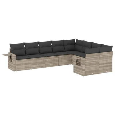 Produktbild von Möbel 9-tlg. Garten-Sofagarnitur/Garten-Essgruppe - Lounge-Set - Balkonmöbel Set - mit Kissen Hellgrau Poly Rattan - Gartenmöbelset CLORIS9493909