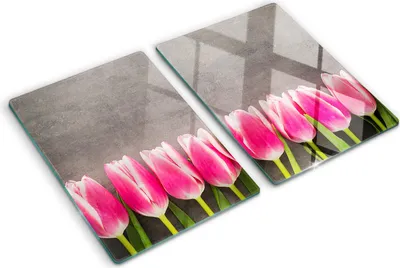 Produktbild von Tulup Glas Herdabdeckplatte - 2x40x52 cm - Glaskeramikkochfeld-Abdeckung Spritzschutz Glasabdeckplatte Kochplattenabdeckung und Schneidebrett - Zweiteilig - Blumen & Pflanzen - Rosa Tulpen - Rosa