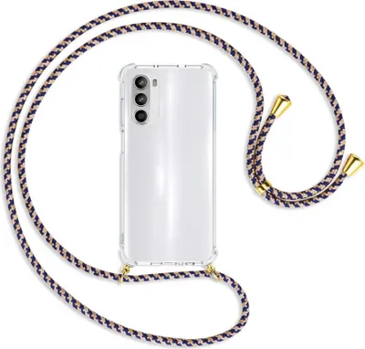 Produktbild von Handykette Backcover-Schutzhülle mit Band (Metall goldfarben) für Motorola Moto G52 / G82 - blau+beige