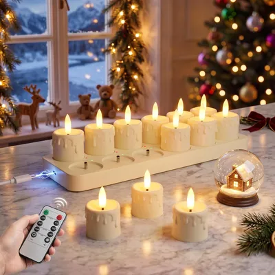 Produktbild von Set mit 12 LED-Teelichtern, Nachbildung einer Kerze, wiederaufladbar
