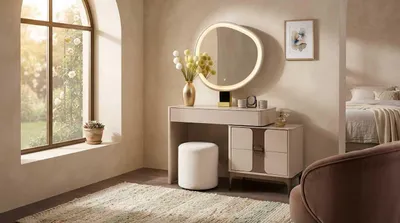 Productafbeelding van Make-up tafel set, beige, modern, luxe, met spiegel en krukje. Kaptafel