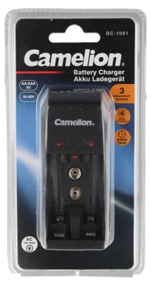 Productafbeelding van Camelion stekkerlader BC-1091 voor 1-2 AA- of 1-2 AAA-batterijen, of 1x 9V blokbatterij, geschikt voor Ni-MH batterijen