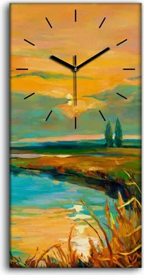 Produktbild von Wanduhr Leinwand Bild Uhr Geräuschlos Kunstdruck 30x60 Sonnenuntergang See - schwarze Hände