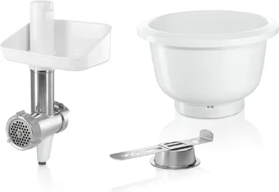 Produktbild von Bosch Zubehör-Set BakingSensation MUZ5BS1, Fleischwolf, Kunststoffschüssel, Spritzgebäck-Vorsatz, Edelstahl Loch-Scheibe, 4 Gebäckvarianten, passend