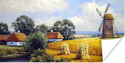 Produktbild von MuchoWow® Poster Gemälde - Bauernhof - Mühle - Ölfarbe 150x75 cm - ohne Rahmen
