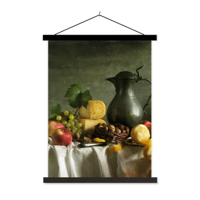 Produktbild von MuchoWow® Textilposter Rustikal - Käse - Teekanne - Obst - Stilleben 120x160 cm mit schwarzem Rahmen - Magnetischer