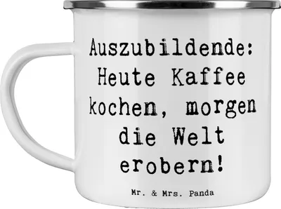 Produktbild von Mr. & Mrs. Panda Pott Spruch Auszubildender Abenteuer - Weiß - Geschenk, Ausbildung, Kaffeepott, Wertschätzung, Emaille Tasse, Berufspassion, Unterstützung, Blechtasse