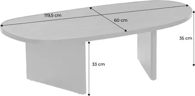 A 3D rendering of an oval coffee table with dimensions indicated.