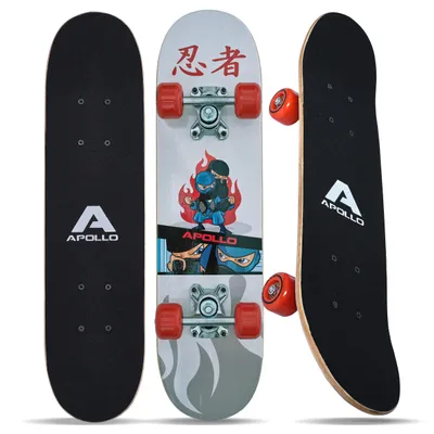Produktbild von Apollo Kinder Skateboard, | kleines Komplett Board mit ABEC 3 Kugellagern und Aluminium Achsen | Coole Designs für Kinder | Cruiser Boards für Mädchen und Jungs | Kinder Skateboard ab 3 Jahre - "Ninja" 61cm