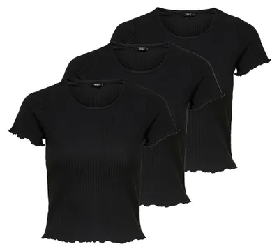 Produktbild von ONLY Damen T-Shirt 3er Pack - ONLEMMA SHORT TOP, Rundhals, Cropped, gerippt, einfarbig Schwarz L