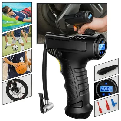 A collage of images showing an electric air pump and various items it can be used for, such as a car tire, bicycle tire, and sports balls.